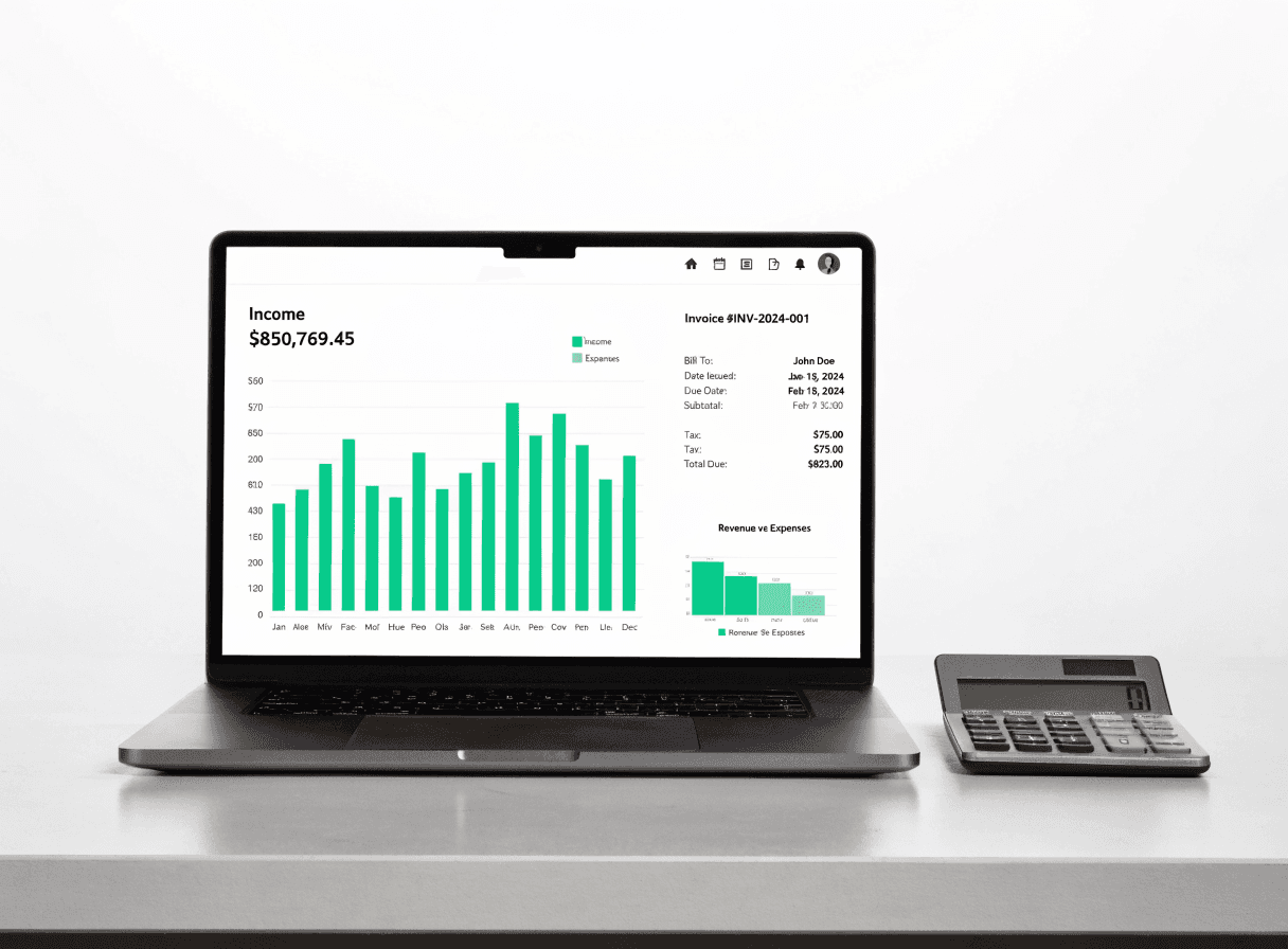 Tableau de bord financier avec graphiques verts et facture sur un ordinateur portable