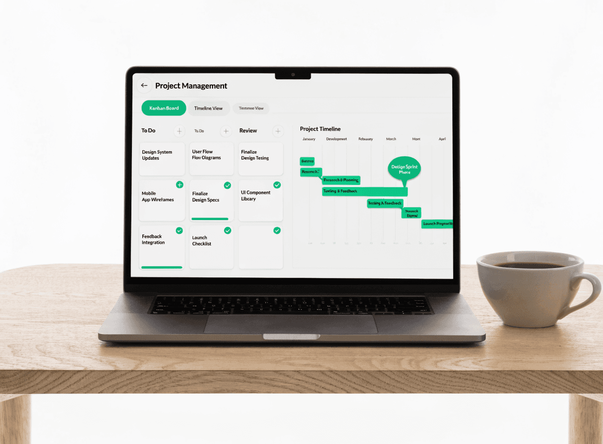 Tableau de bord de gestion de projet avec vue Kanban sur un ordinateur portable