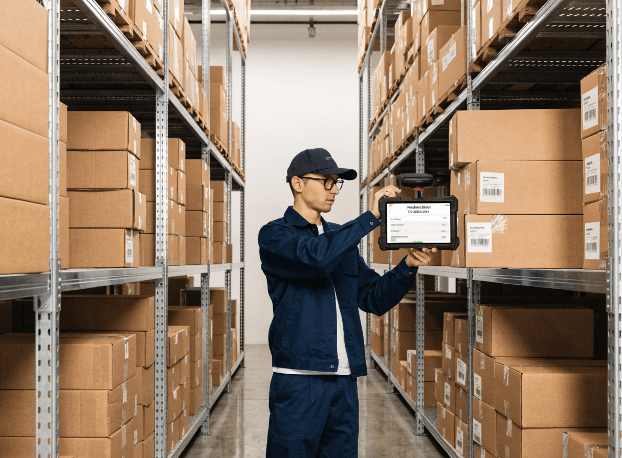 Employé d'entrepôt utilisant une tablette pour scanner des cartons à réapprovisionner